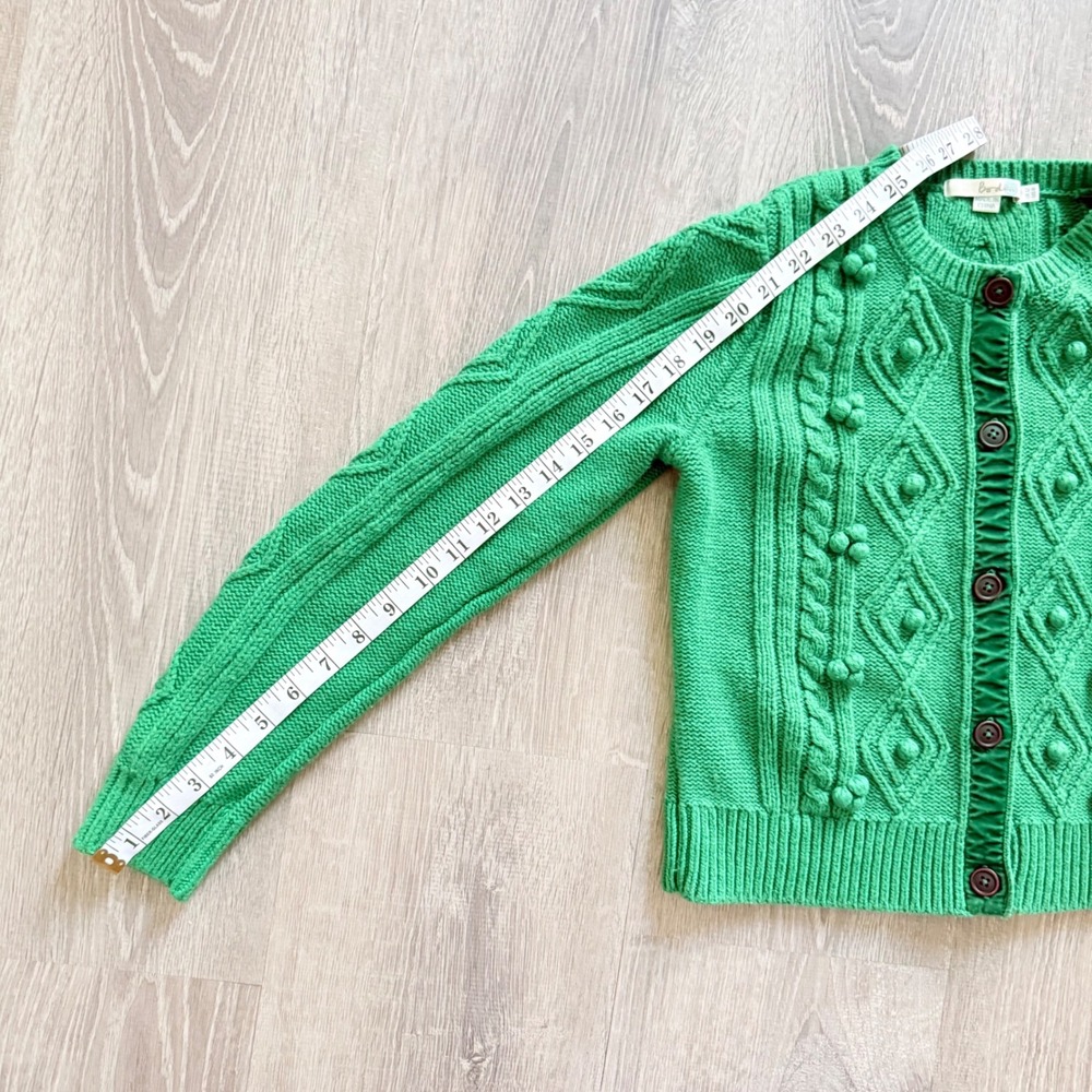 Boden Green Cable Knit Pom Pom Bobble Cardigan Sweater Cotton Wool Blend US 8 - Picture 7 of 8
